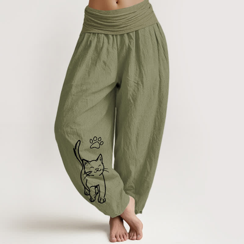 Nimara Ritual Pure Cotton Cute Cat Print Women's Harem Elastic Waist Pants
