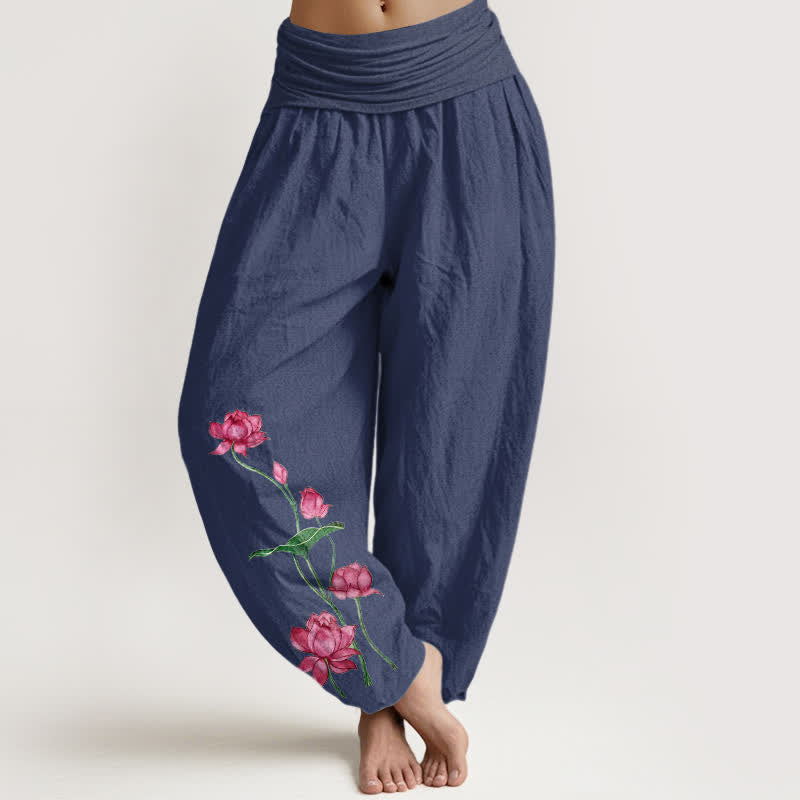 Nimara Ritual Pure Cotton Lotus Flower Lotus Leaves Pattern Women's Harem Elastic Waist Pants