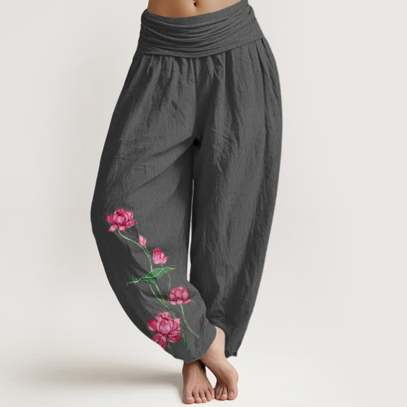 Nimara Ritual Pure Cotton Lotus Flower Lotus Leaves Pattern Women's Harem Elastic Waist Pants