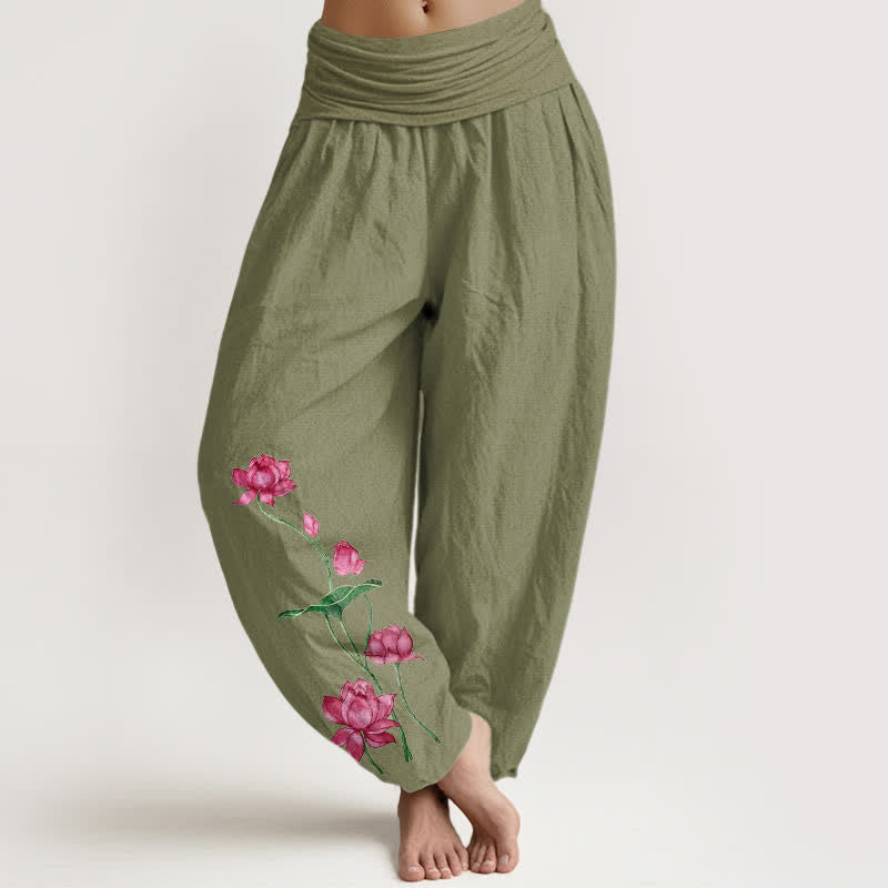 Nimara Ritual Pure Cotton Lotus Flower Lotus Leaves Pattern Women's Harem Elastic Waist Pants
