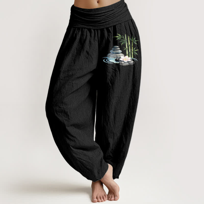 Nimara Ritual Pure Cotton Bamboo Flower Stones High Waist Women's Harem Pants