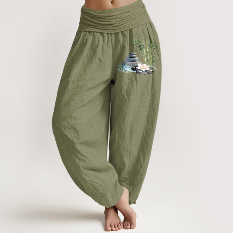 Nimara Ritual Pure Cotton Bamboo Flower Stones High Waist Women's Harem Pants