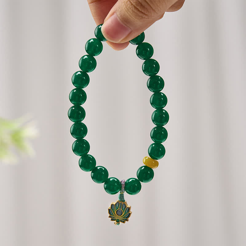 Nimara Ritual Natural Green Agate Yellow Agate Lotus Charm Success Beaded Bracelet
