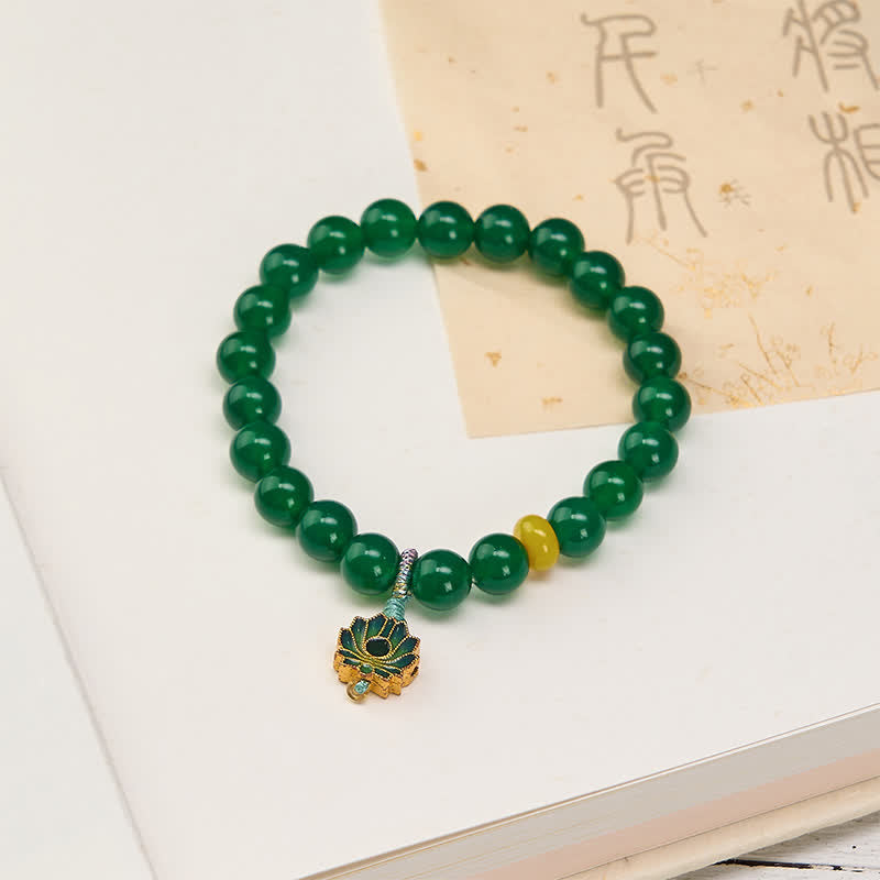 Nimara Ritual Natural Green Agate Yellow Agate Lotus Charm Success Beaded Bracelet