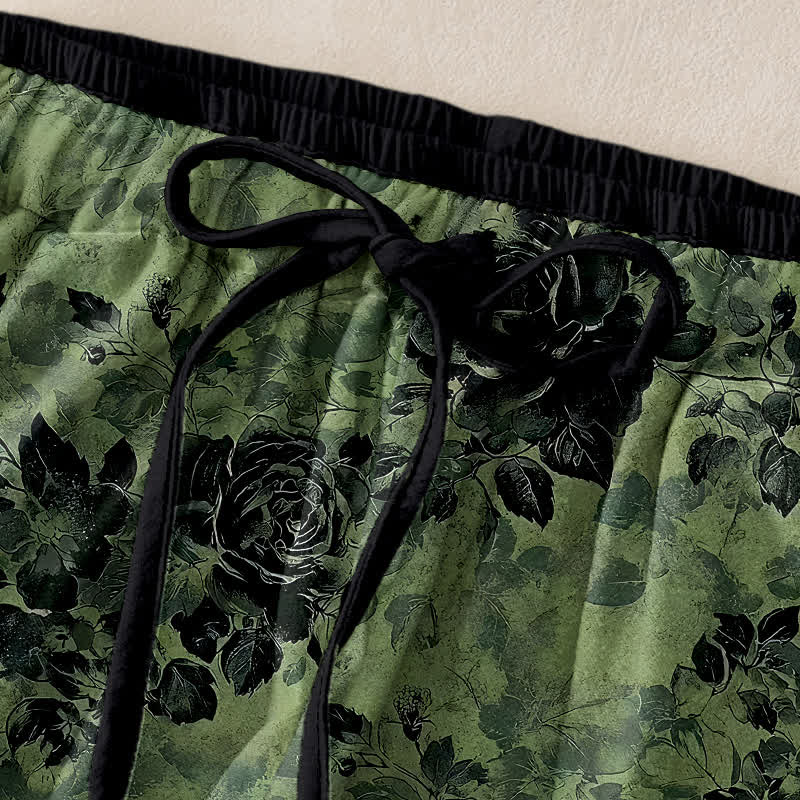 Nimara Ritual Pure Cotton Rose Pattern Elastic Waist Drawstring Women's Pants With Pockets