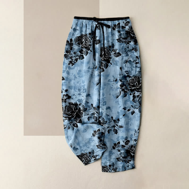 Nimara Ritual Pure Cotton Rose Pattern Elastic Waist Drawstring Women's Pants With Pockets