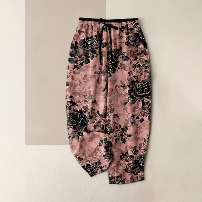 Nimara Ritual Pure Cotton Rose Pattern Elastic Waist Drawstring Women's Pants With Pockets