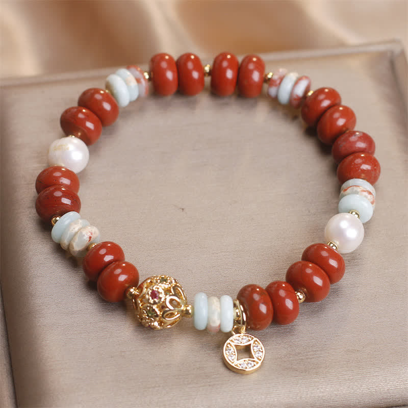 Nimara Ritual Red Jasper Shoushan Stone Abacus Beads Copper Coin Protection Bracelet