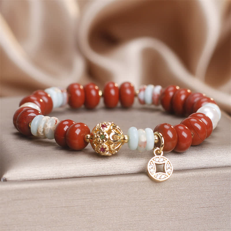 Nimara Ritual Red Jasper Shoushan Stone Abacus Beads Copper Coin Protection Bracelet