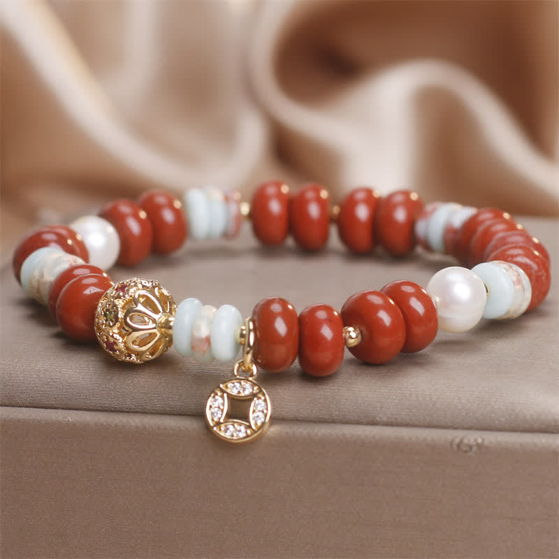 Nimara Ritual Red Jasper Shoushan Stone Abacus Beads Copper Coin Protection Bracelet
