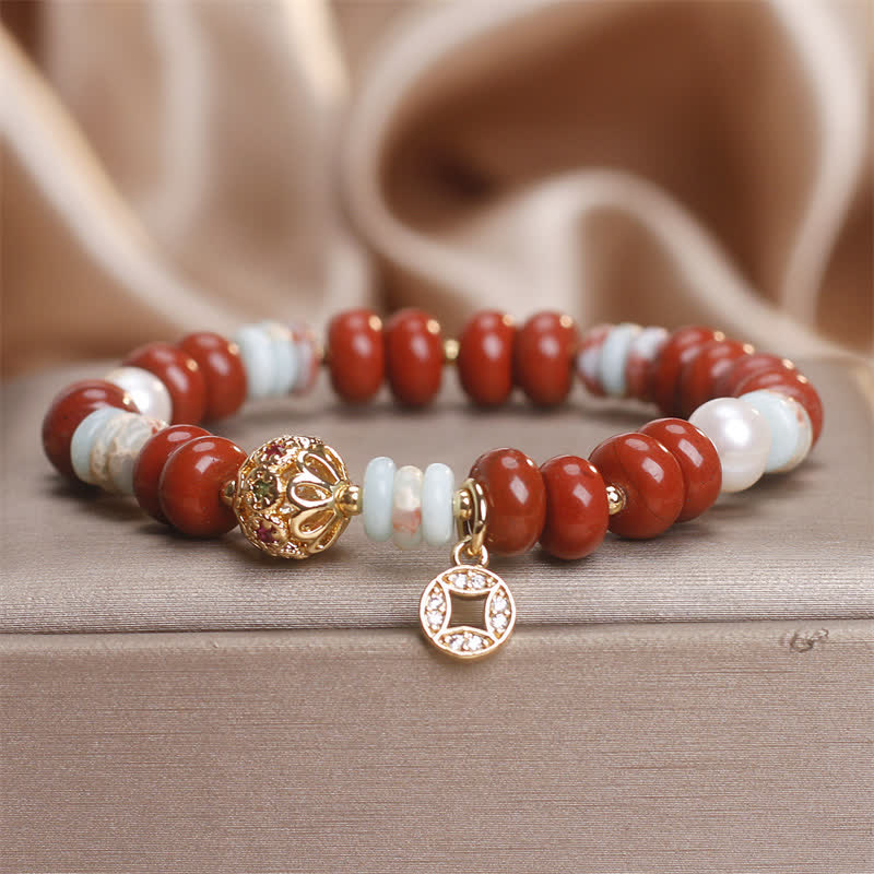 Nimara Ritual Red Jasper Shoushan Stone Abacus Beads Copper Coin Protection Bracelet