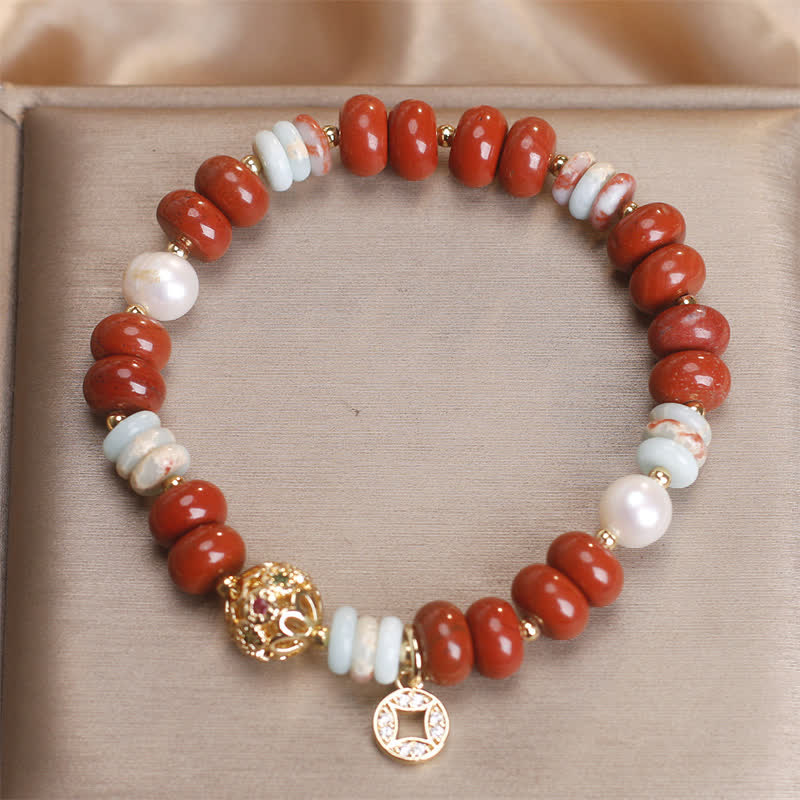Nimara Ritual Red Jasper Shoushan Stone Abacus Beads Copper Coin Protection Bracelet
