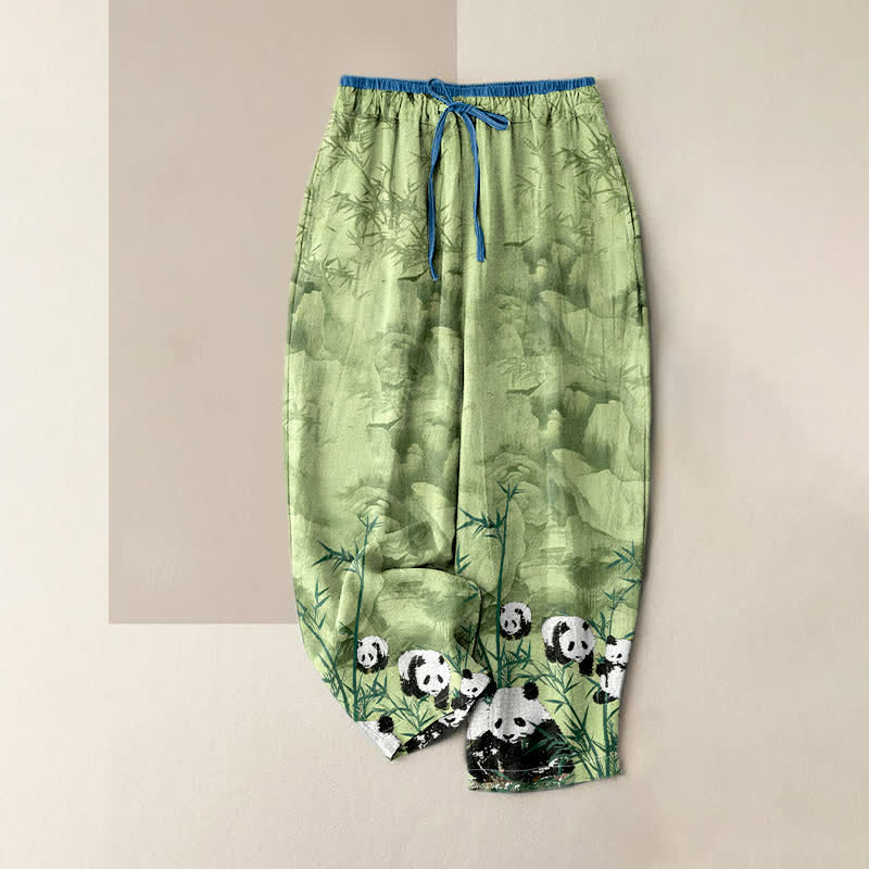 Nimara Ritual Cotton Pandas Bamboo Print Elastic Waist Women's Pants With Pockets