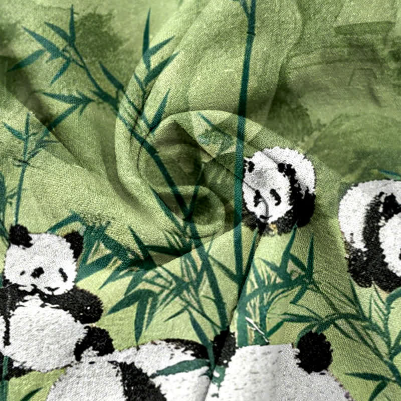 Nimara Ritual Cotton Pandas Bamboo Print Elastic Waist Women's Pants With Pockets