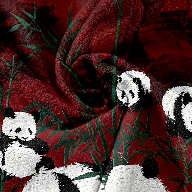 Nimara Ritual Cotton Pandas Bamboo Print Elastic Waist Women's Pants With Pockets