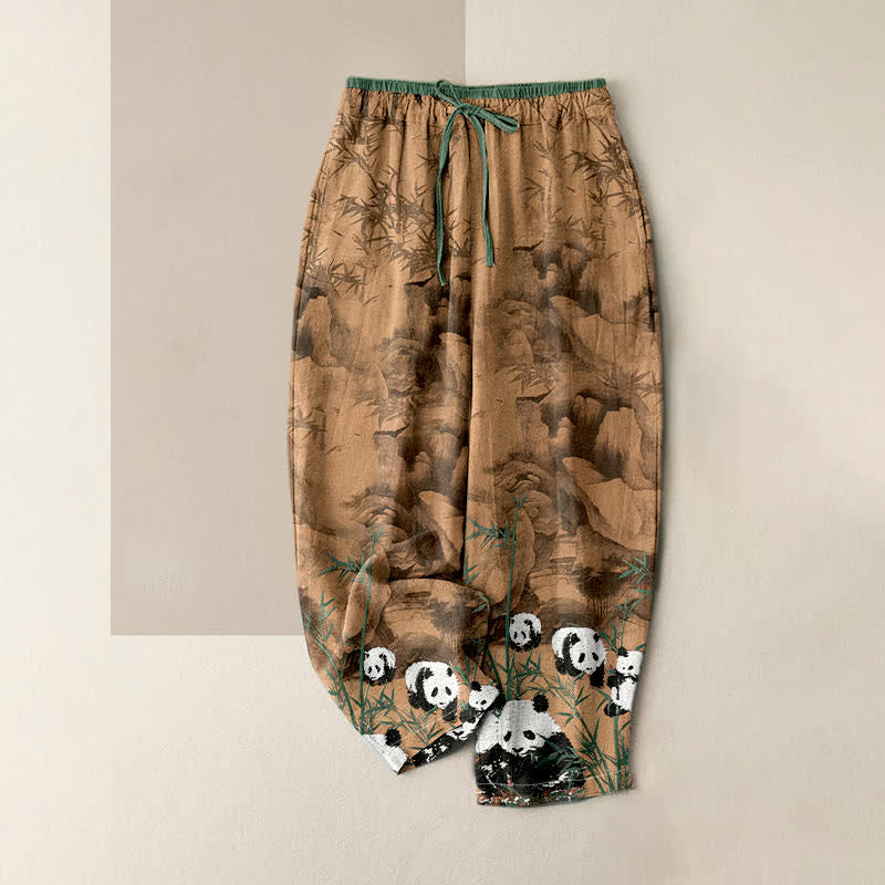 Nimara Ritual Cotton Pandas Bamboo Print Elastic Waist Women's Pants With Pockets