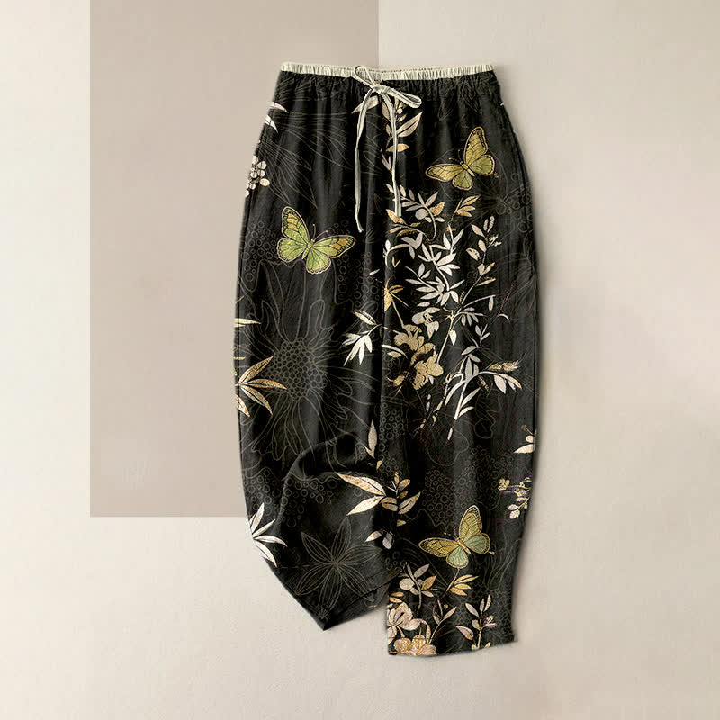 Nimara Ritual Pure Cotton Butterfly leaves Flowers Pattern Drawstring Colorful Women's Pants With Pockets