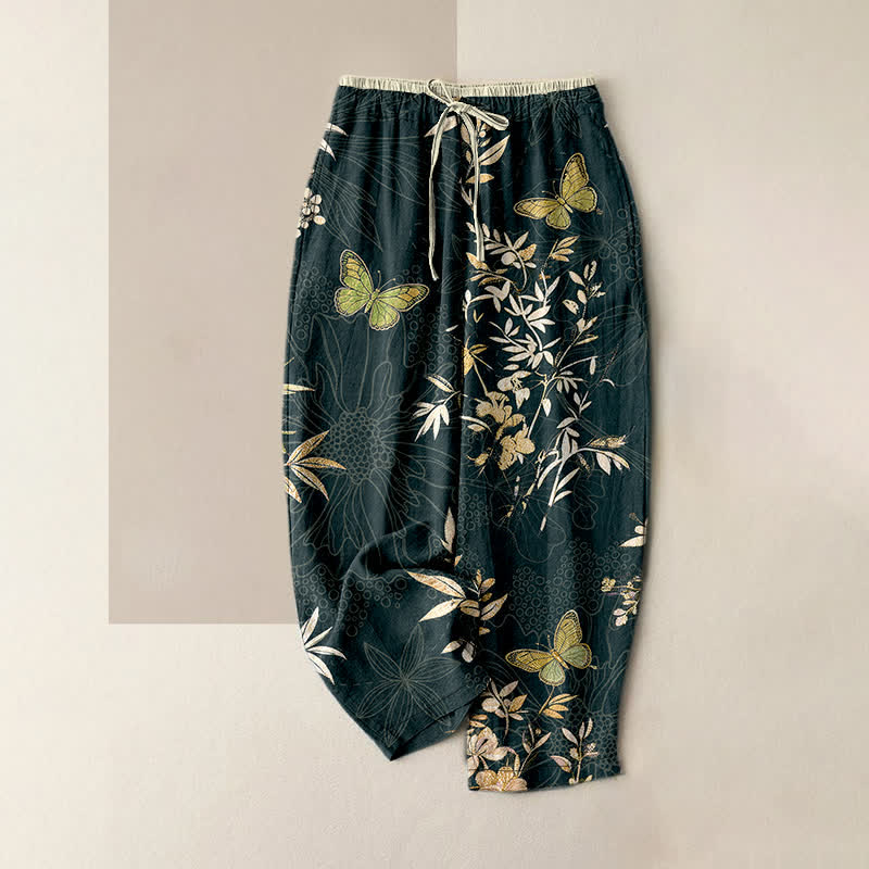 Nimara Ritual Pure Cotton Butterfly leaves Flowers Pattern Drawstring Colorful Women's Pants With Pockets