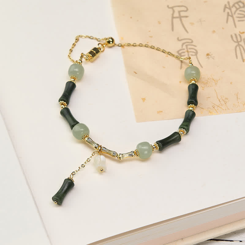 Nimara Ritual Hetian Jade Peridot Bamboo Lily Of The Valley Wealth Faithfulness Adjustable Bracelet