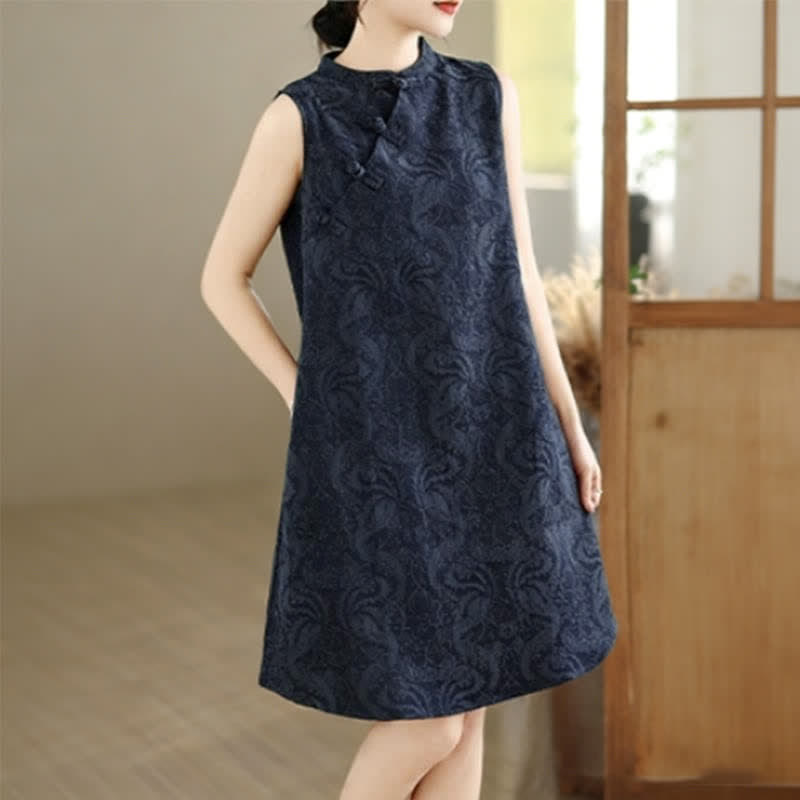 Nimara Ritual Mandarin Collar Frog-button Jacquard Pattern Sleeveless Cotton Mini Dress With Pockets