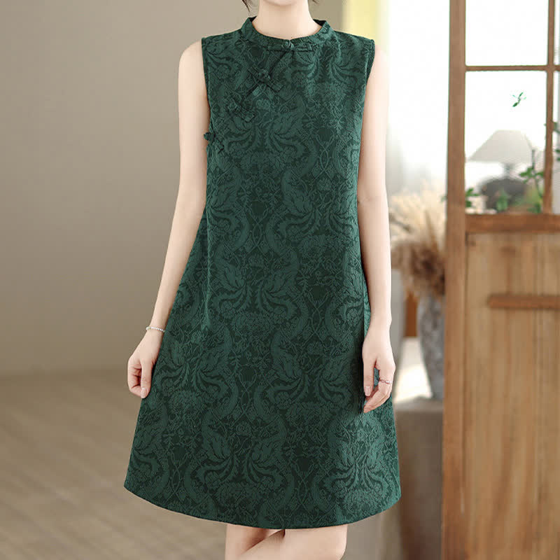 Nimara Ritual Mandarin Collar Frog-button Jacquard Pattern Sleeveless Cotton Mini Dress With Pockets