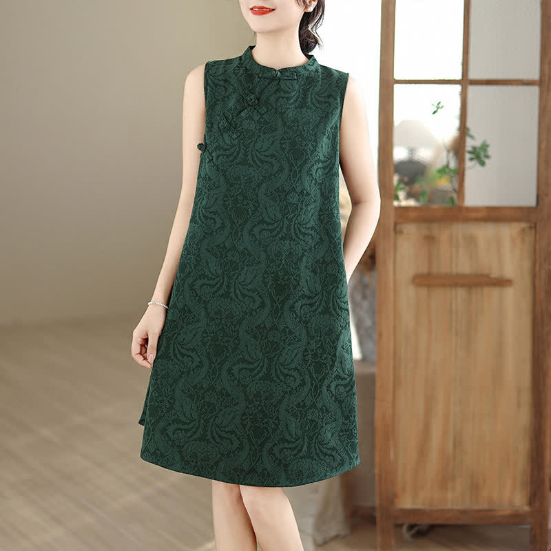 Nimara Ritual Mandarin Collar Frog-button Jacquard Pattern Sleeveless Cotton Mini Dress With Pockets