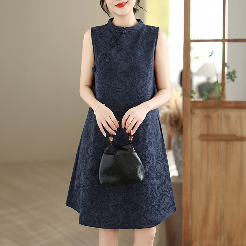 Nimara Ritual Mandarin Collar Frog-button Jacquard Pattern Sleeveless Cotton Mini Dress With Pockets