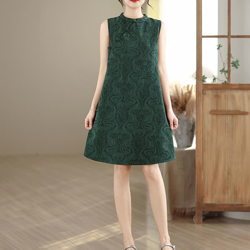 Nimara Ritual Mandarin Collar Frog-button Jacquard Pattern Sleeveless Cotton Mini Dress With Pockets