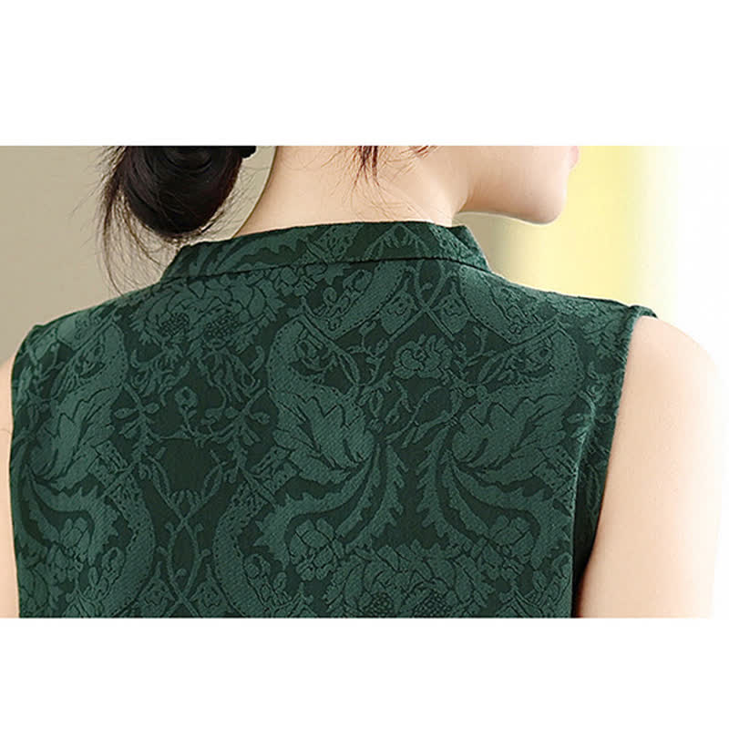 Nimara Ritual Mandarin Collar Frog-button Jacquard Pattern Sleeveless Cotton Mini Dress With Pockets