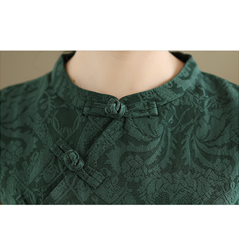 Nimara Ritual Mandarin Collar Frog-button Jacquard Pattern Sleeveless Cotton Mini Dress With Pockets