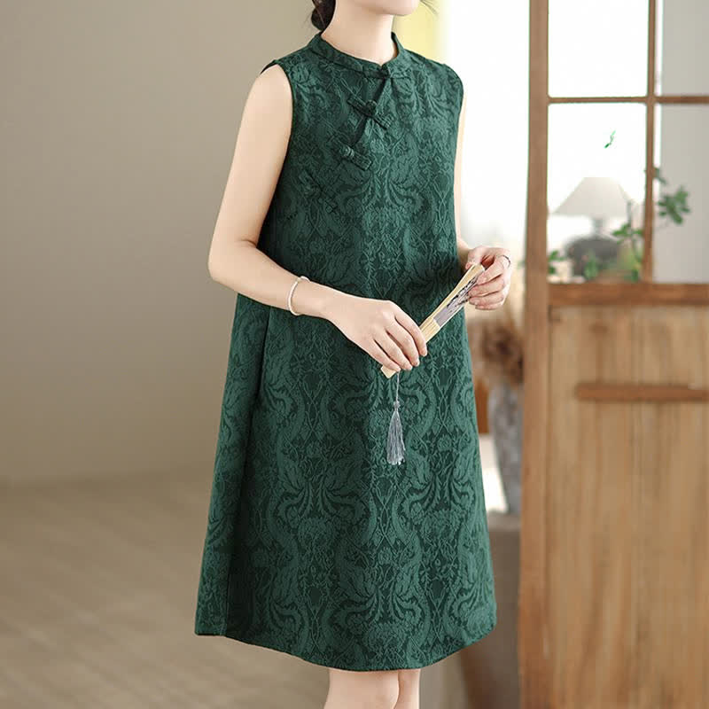 Nimara Ritual Mandarin Collar Frog-button Jacquard Pattern Sleeveless Cotton Mini Dress With Pockets