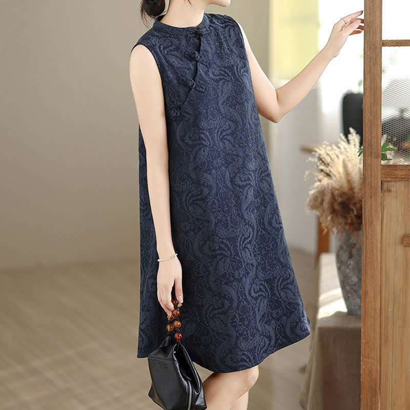 Nimara Ritual Mandarin Collar Frog-button Jacquard Pattern Sleeveless Cotton Mini Dress With Pockets