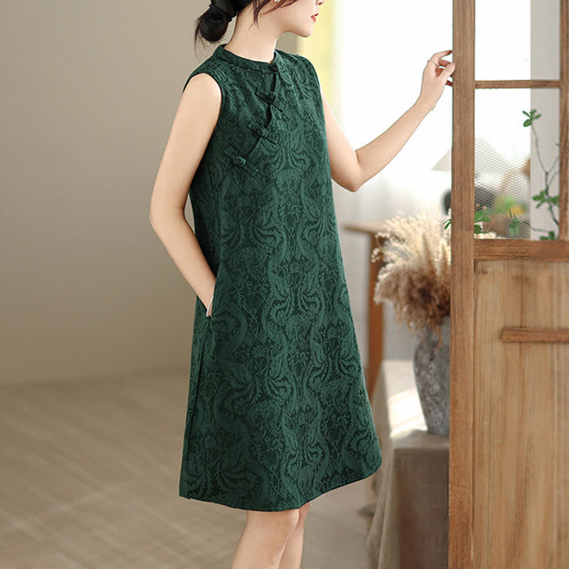 Nimara Ritual Mandarin Collar Frog-button Jacquard Pattern Sleeveless Cotton Mini Dress With Pockets