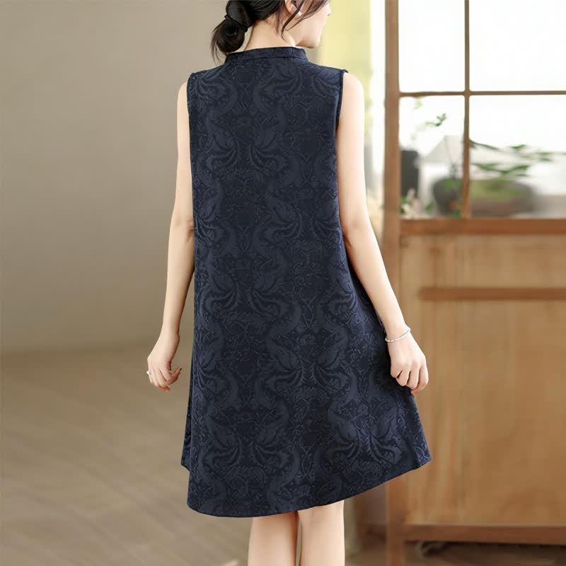 Nimara Ritual Mandarin Collar Frog-button Jacquard Pattern Sleeveless Cotton Mini Dress With Pockets