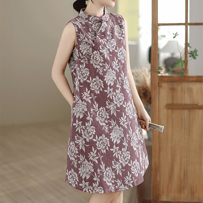 Nimara Ritual Frog-button Mandarin Collar Floral Pattern Sleeveless Cotton Mini Dress With Pockets