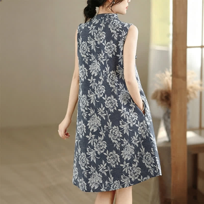 Nimara Ritual Frog-button Mandarin Collar Floral Pattern Sleeveless Cotton Mini Dress With Pockets