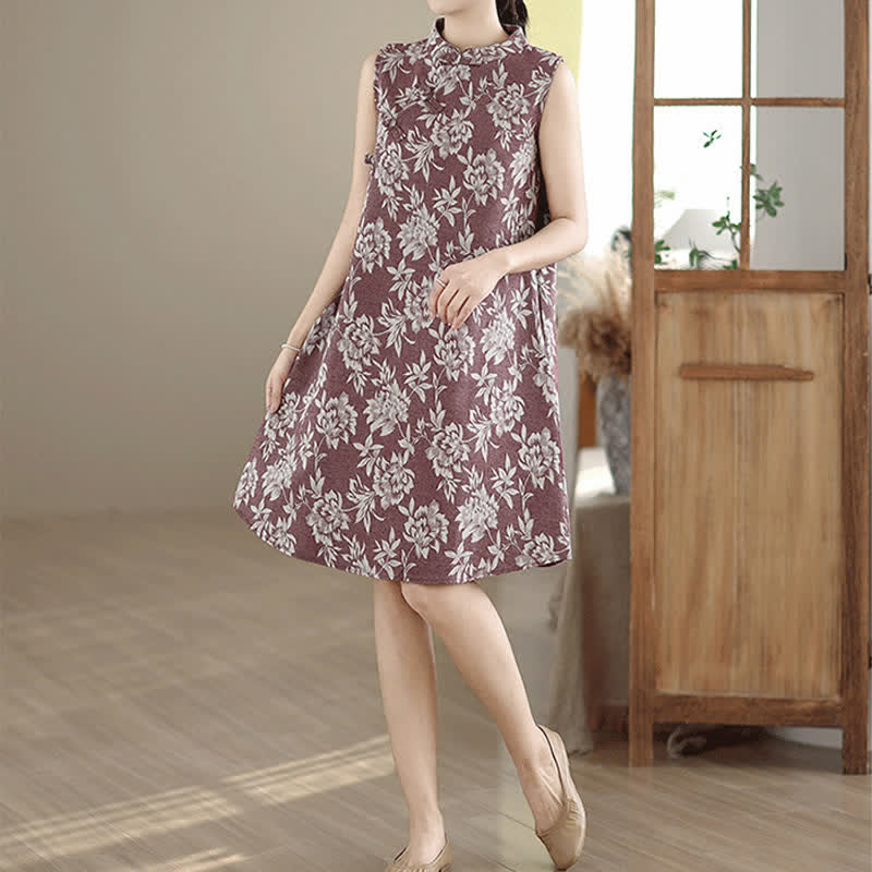 Nimara Ritual Frog-button Mandarin Collar Floral Pattern Sleeveless Cotton Mini Dress With Pockets
