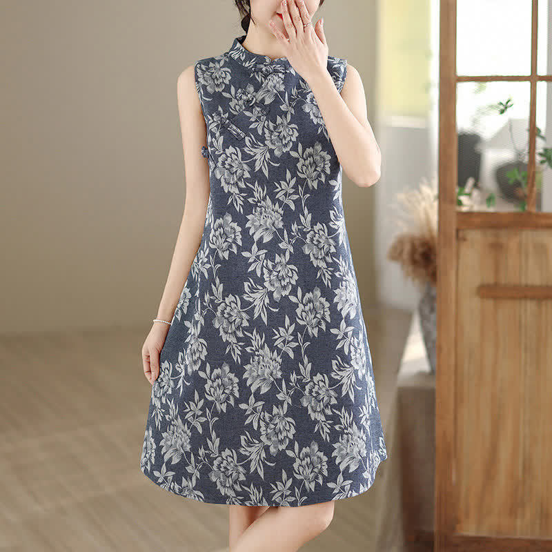 Nimara Ritual Frog-button Mandarin Collar Floral Pattern Sleeveless Cotton Mini Dress With Pockets