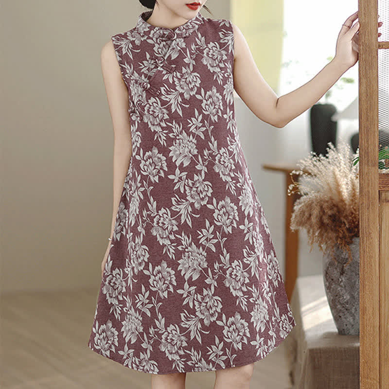 Nimara Ritual Frog-button Mandarin Collar Floral Pattern Sleeveless Cotton Mini Dress With Pockets