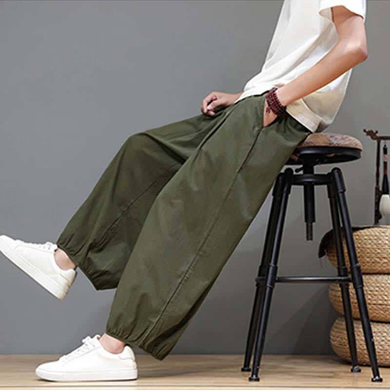 Nimara Ritual Summer Zen Elastic Waist Cuff Men's Cropped Harem Pants With Pockets