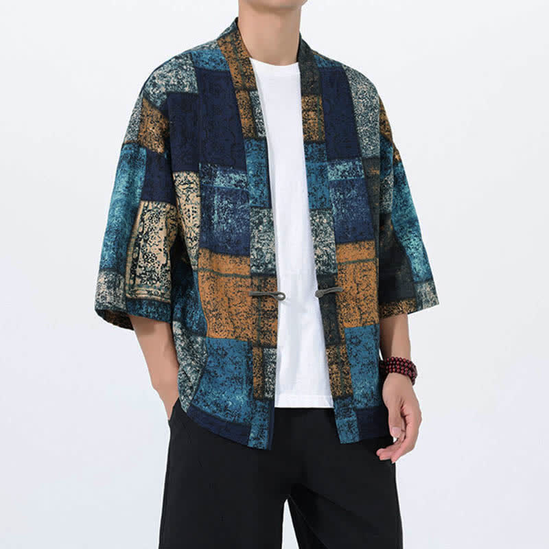 Nimara Ritual Summer Tropical Leaf Print Linen Blend Men's Short Sleeve Kimono