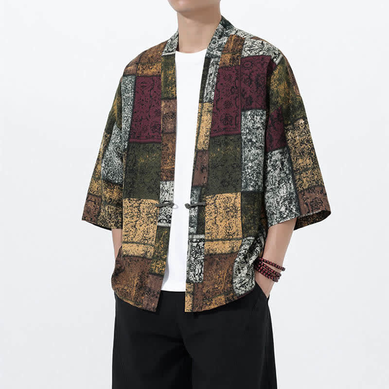 Nimara Ritual Summer Tropical Leaf Print Linen Blend Men's Short Sleeve Kimono