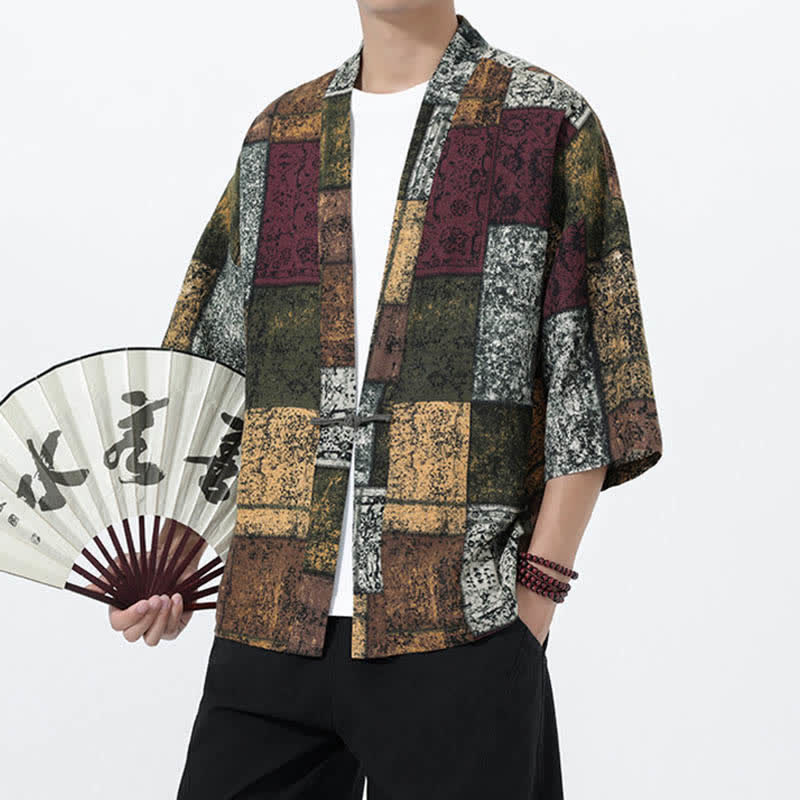 Nimara Ritual Summer Tropical Leaf Print Linen Blend Men's Short Sleeve Kimono