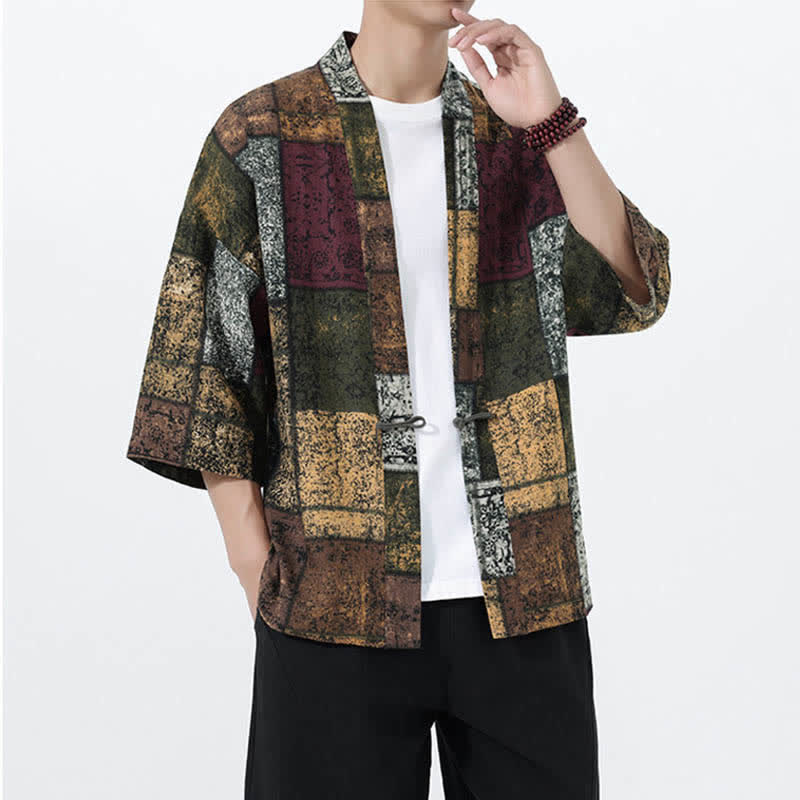 Nimara Ritual Summer Tropical Leaf Print Linen Blend Men's Short Sleeve Kimono