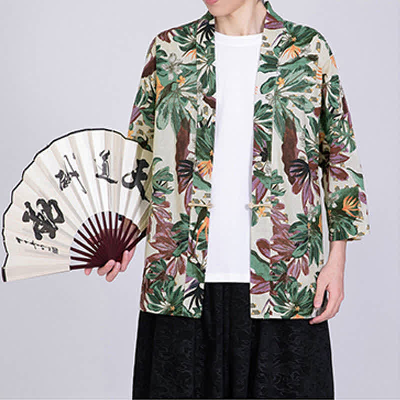 Nimara Ritual Summer Tropical Leaf Print Linen Blend Men's Short Sleeve Kimono