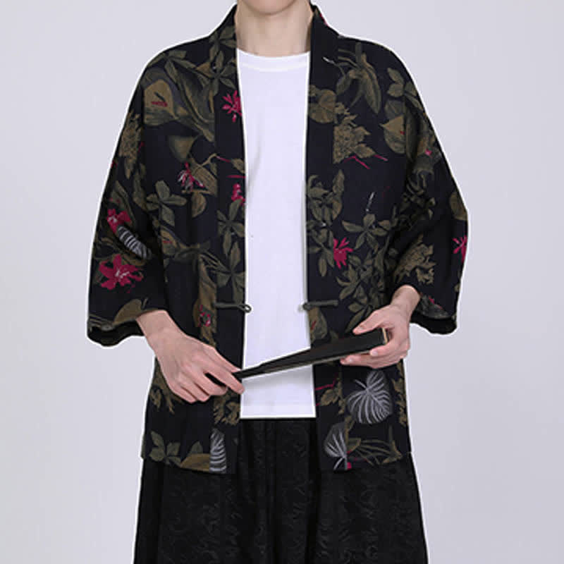 Nimara Ritual Summer Tropical Leaf Print Linen Blend Men's Short Sleeve Kimono