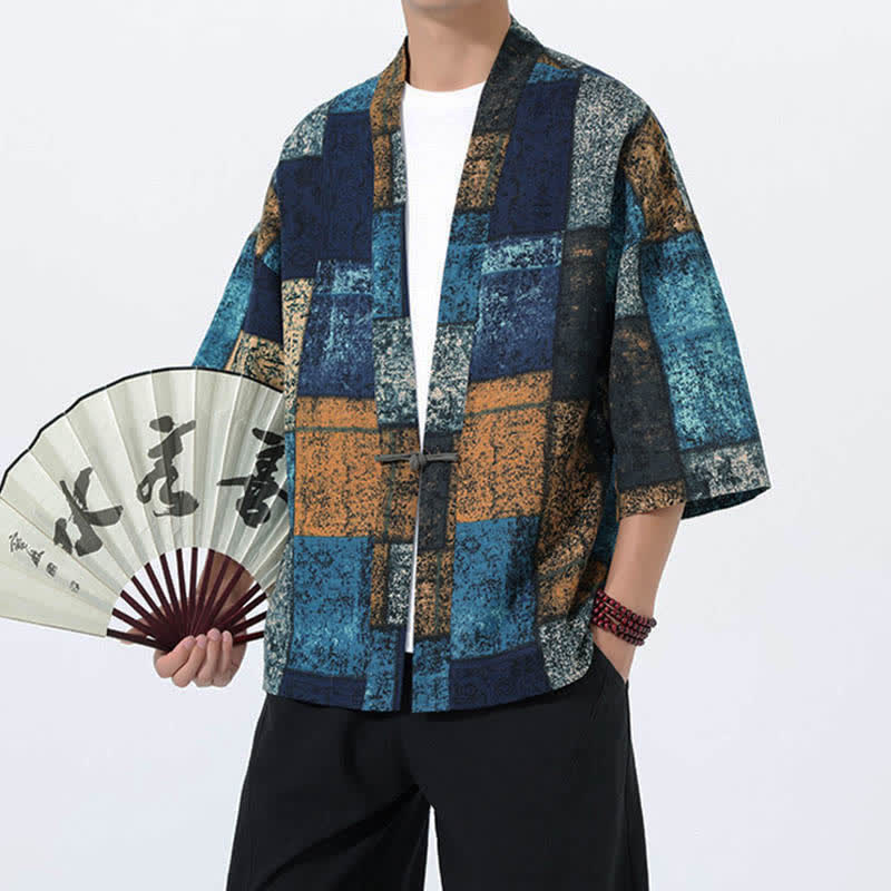 Nimara Ritual Summer Tropical Leaf Print Linen Blend Men's Short Sleeve Kimono