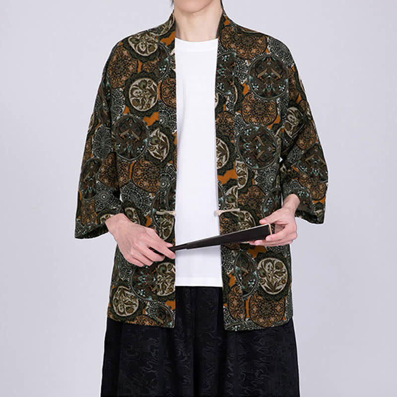 Nimara Ritual Summer Tropical Leaf Print Linen Blend Men's Short Sleeve Kimono
