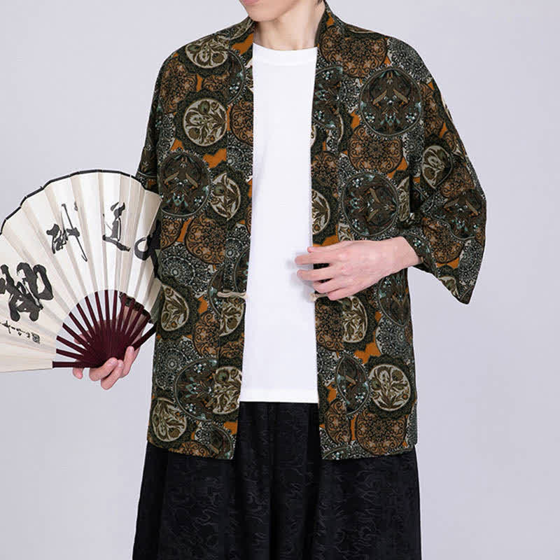 Nimara Ritual Summer Tropical Leaf Print Linen Blend Men's Short Sleeve Kimono