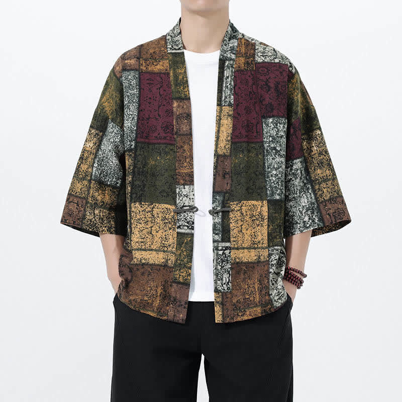 Nimara Ritual Summer Tropical Leaf Print Linen Blend Men's Short Sleeve Kimono